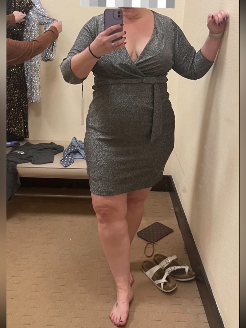 Calvin Klein Metallic Silver Ruched Knot Long Sleeve Cocktail Dress - Picture 4 of 14